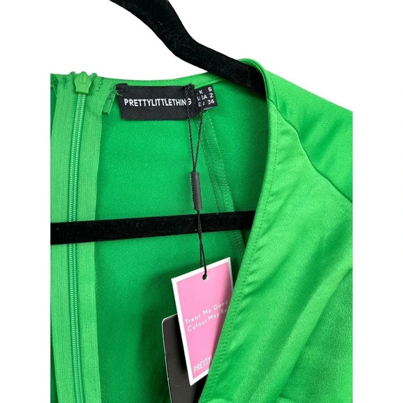 NWT Pretty Little Thing Green Satin Plunge Ruched Skirt Bodycon Dress Size 2 - Picture 7 of 8